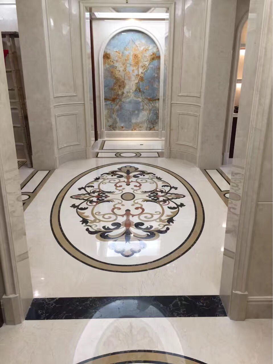 0成交41平方米奢石大理石板雪山兰水刀拼花,台面,背景墙,墙面,地面