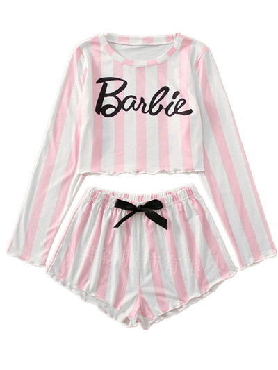 European and American Home Wear Wide Striped Pink Baneie Pajamas Suit Cross-Border Casual Show Belly Comfortable Long Sleeve Two-Piece Set