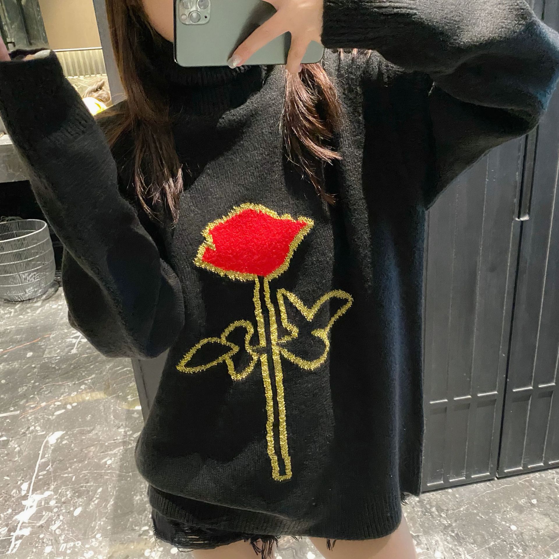 秋冬新款花朵图案高领毛衣潮流欧洲站黑色玫瑰提花刺绣针织衫男女