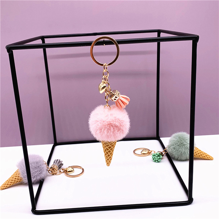 Ice Cream Keychain Lovely Bag Cartoon Plush Pendant Cone Car Key Chain Fur Ball Creative Gift