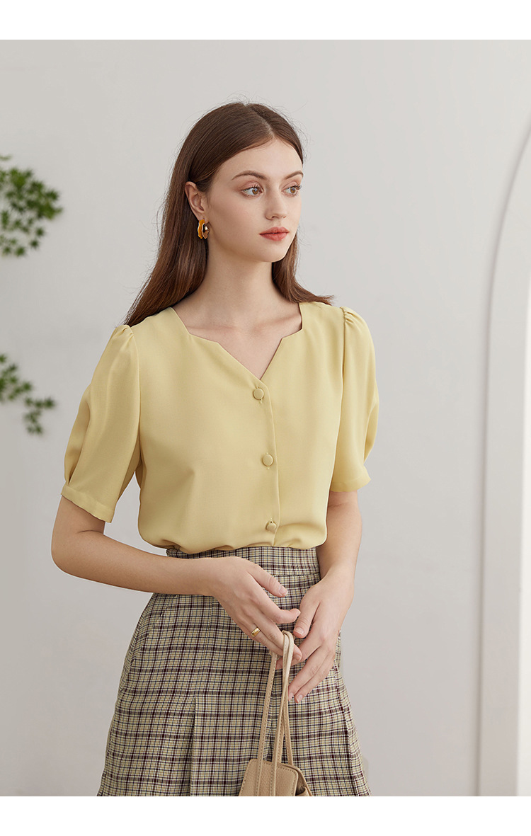 范思蓝恩法式方领雪纺衬衫女设计感小众v领复古泡泡袖上衣女夏季