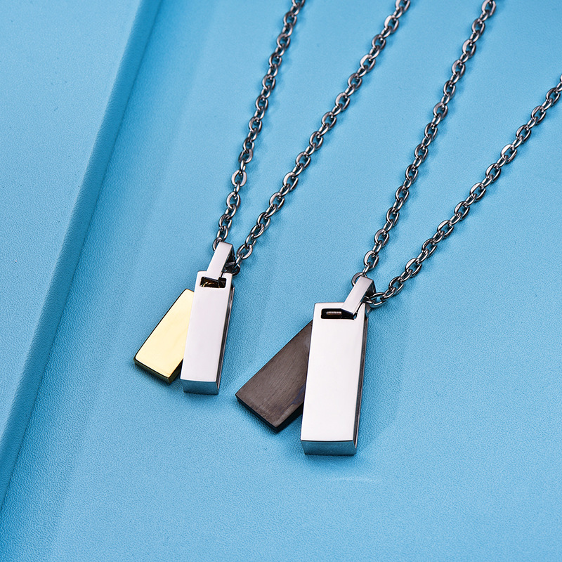 不锈钢饰品批发 镶钻长方形条钛钢情侣项链 简约时尚男士女士挂件