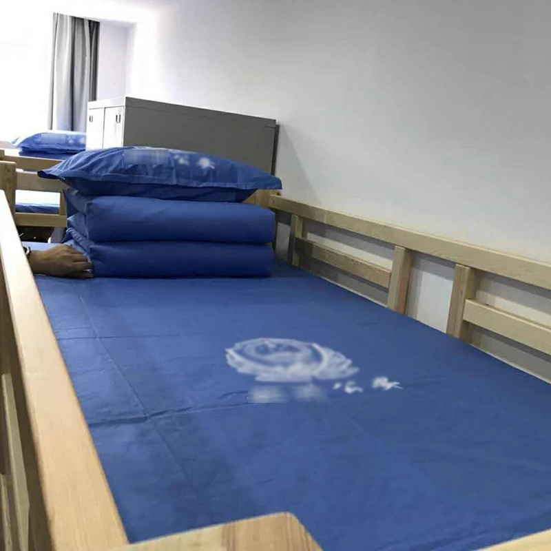 蓝色纯棉三件套公安定制印字logo靠蓝色床单被套宿舍单位床上用品