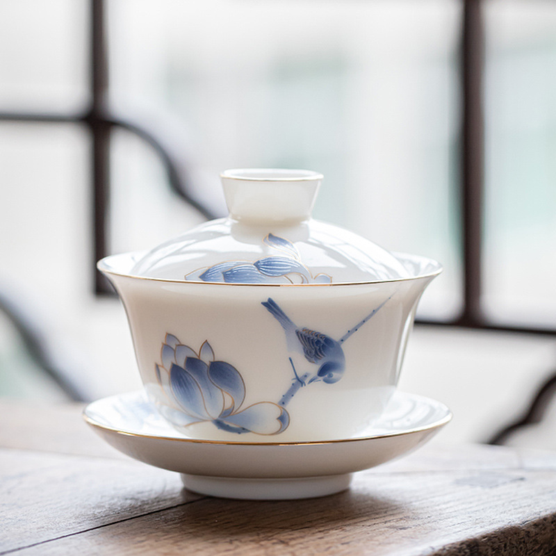 德化高岭土茶具描金盖碗陶瓷简约高档商务礼品