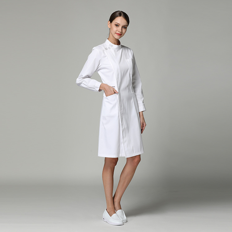 秋冬长款男女同款护士服白大褂偏襟立领医师服长袖药店医院工作服