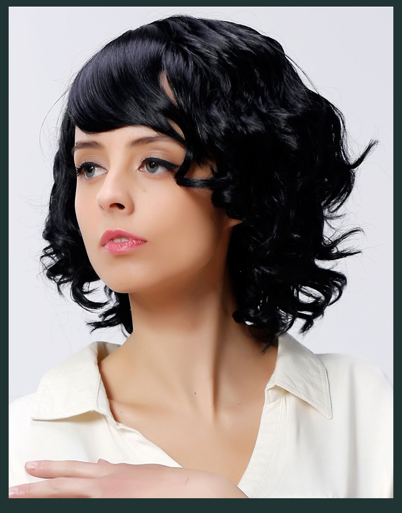 许昌云开 斜刘海欧美假发头套黑色短卷发套化纤高温丝 工厂直销