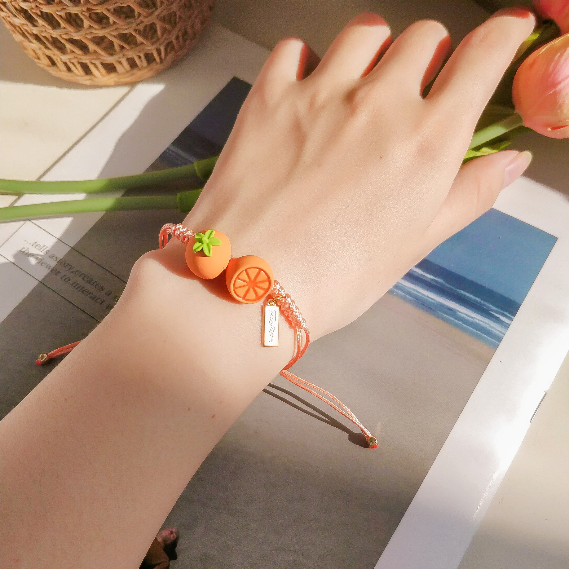 韩版甜美可爱水果橙子手链女手绳夏日简约小清新手工编织手串饰品