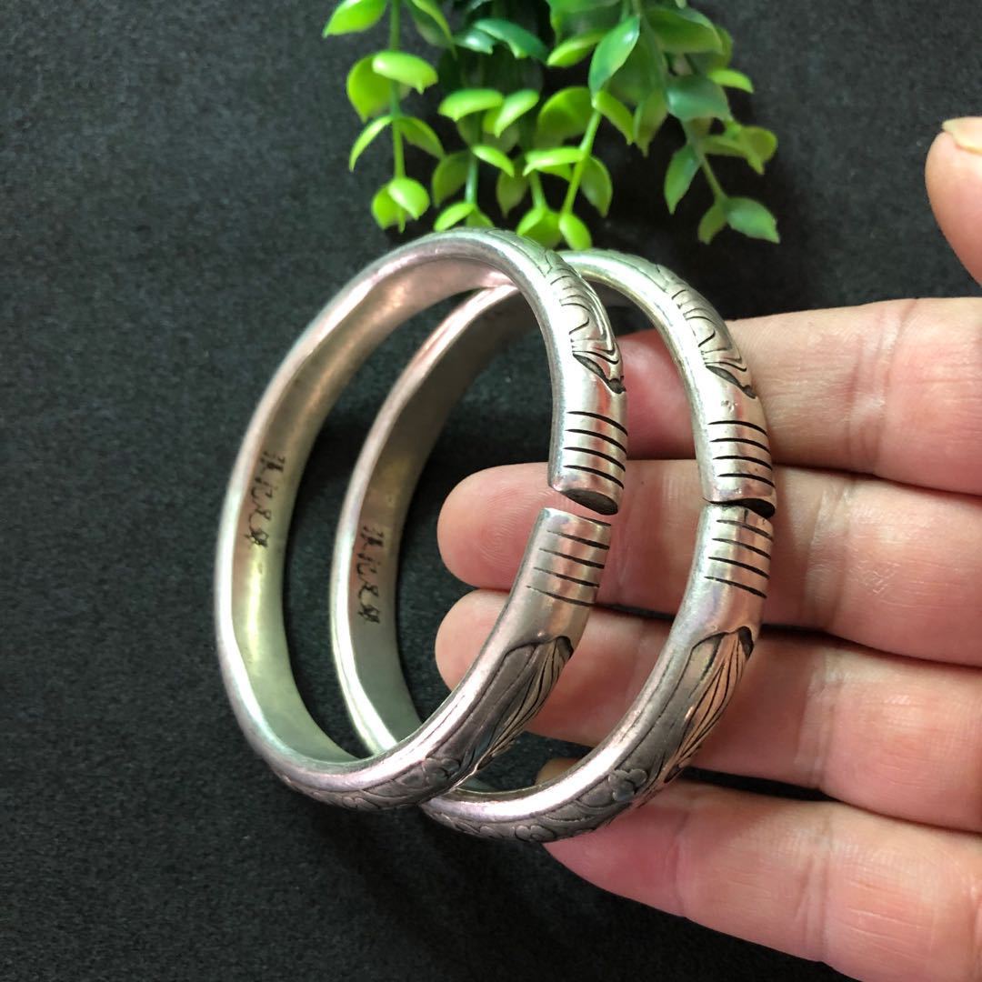 批发藏银苗银手镯 复古民族风荷花鱼款足银手镯 工艺品 一件代发