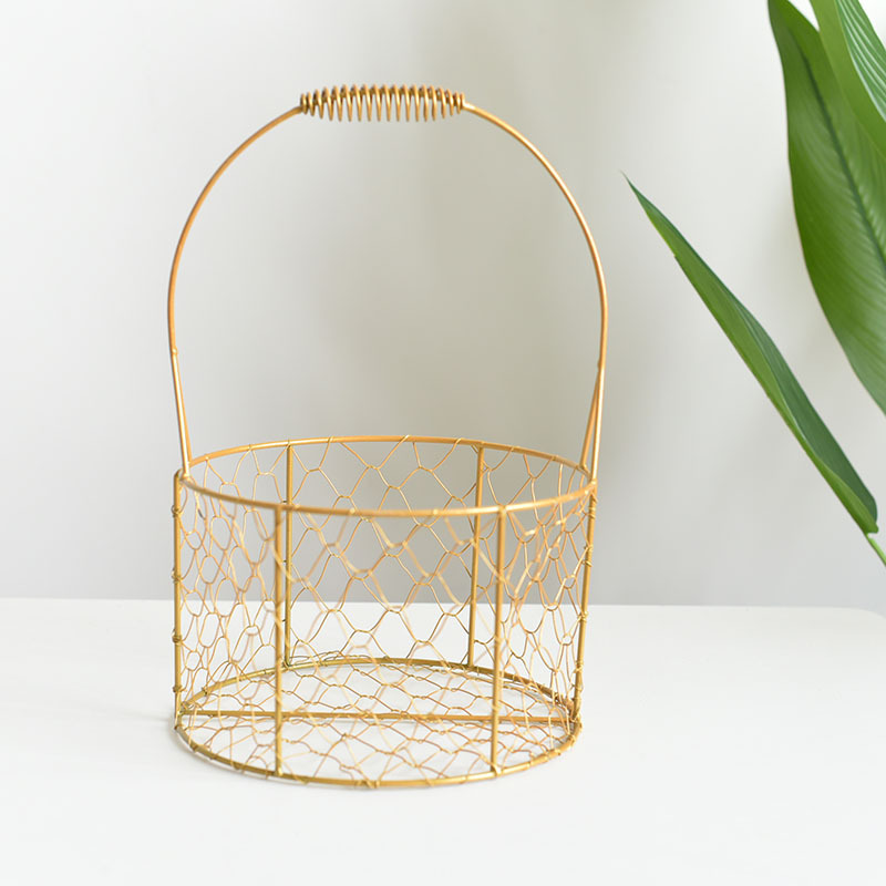 New Iron Golden, round Hand-Mixing Gift Basket Wedding Full Moon Packaging Basket Metal Gift Basket Portable