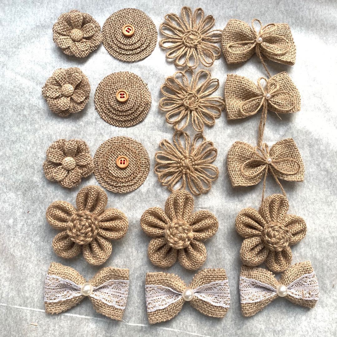 人气热销;diy手工花 麻布花组合 麻绳花 麻绳蝴蝶结 鞋帽装饰花