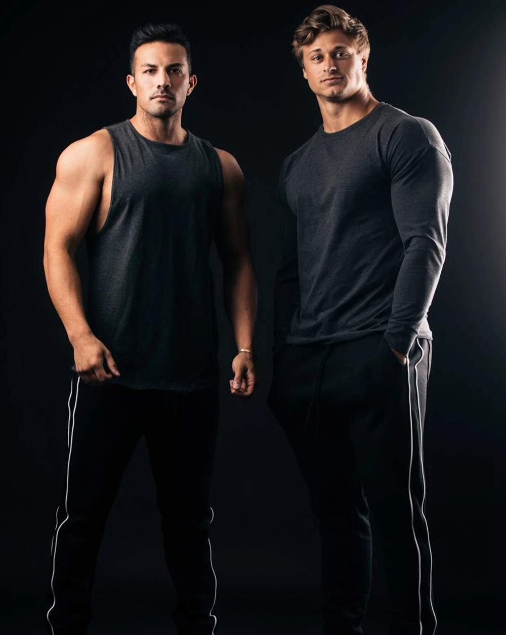 肌肉兄弟跨境运动长裤男士棉质健身锻炼两条杠青少年跑步束脚裤子