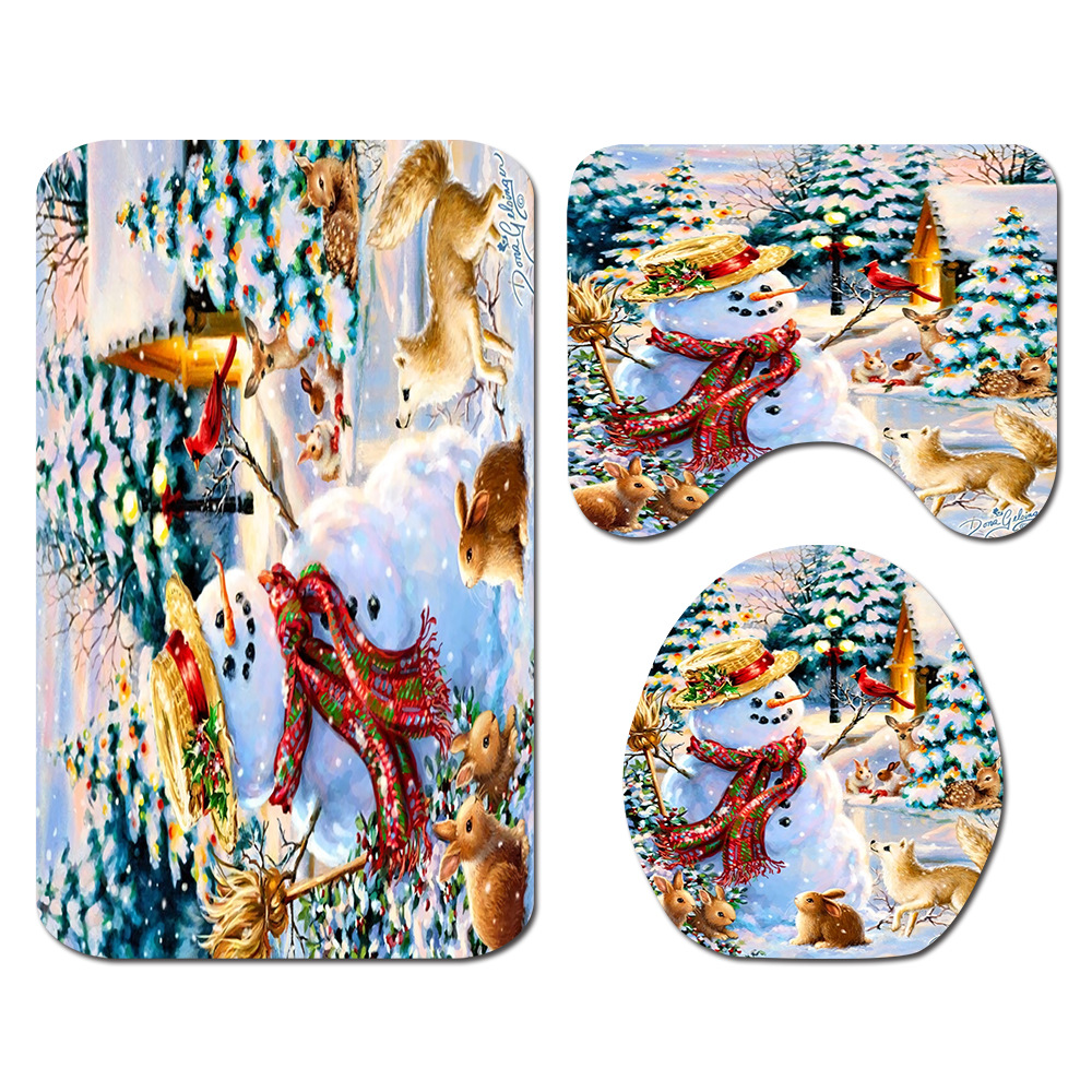 New Cartoon Snow Snowman Printing Shower Curtain Toilet Floor Mat Four-Piece Bathroom Carpet Set Cross-Border Hot Sale