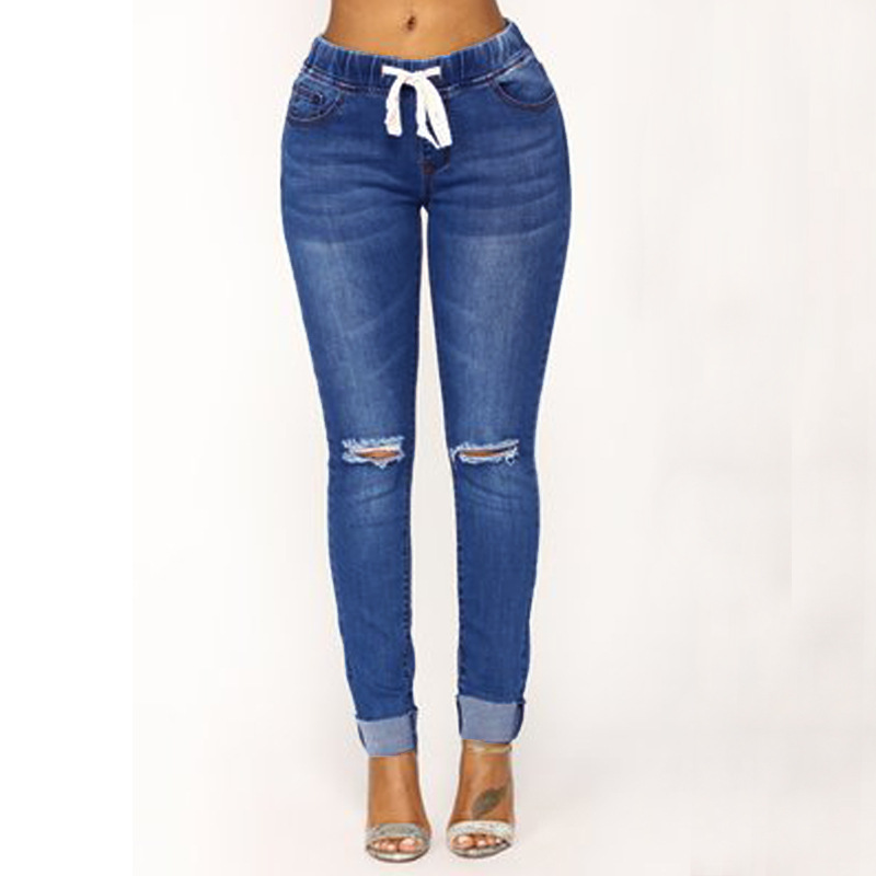 Foreign Trade Denim New Autumn and Winter Factory Direct Supply European and Chinese Waist Drawstring Cinched Waist Slim-Fit Slimming Holes Women's Jeans