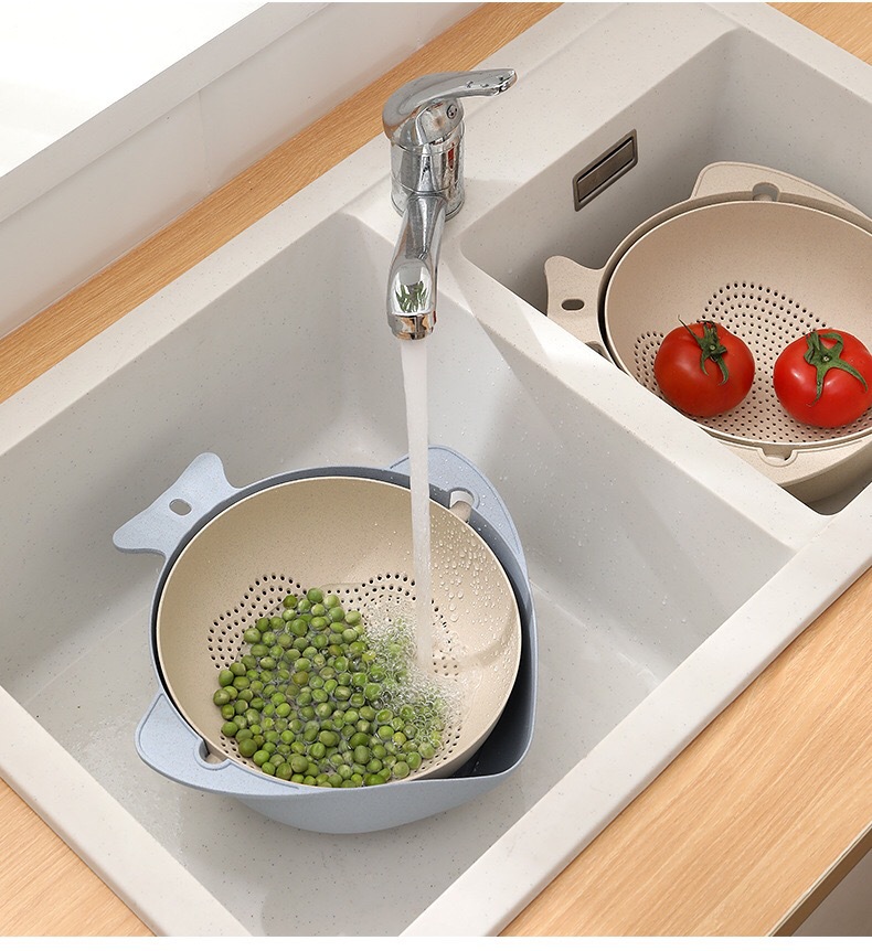 厂家批发小麦双层旋转沥水篮 厨房用品洗菜篮 多功能水果洗菜盆