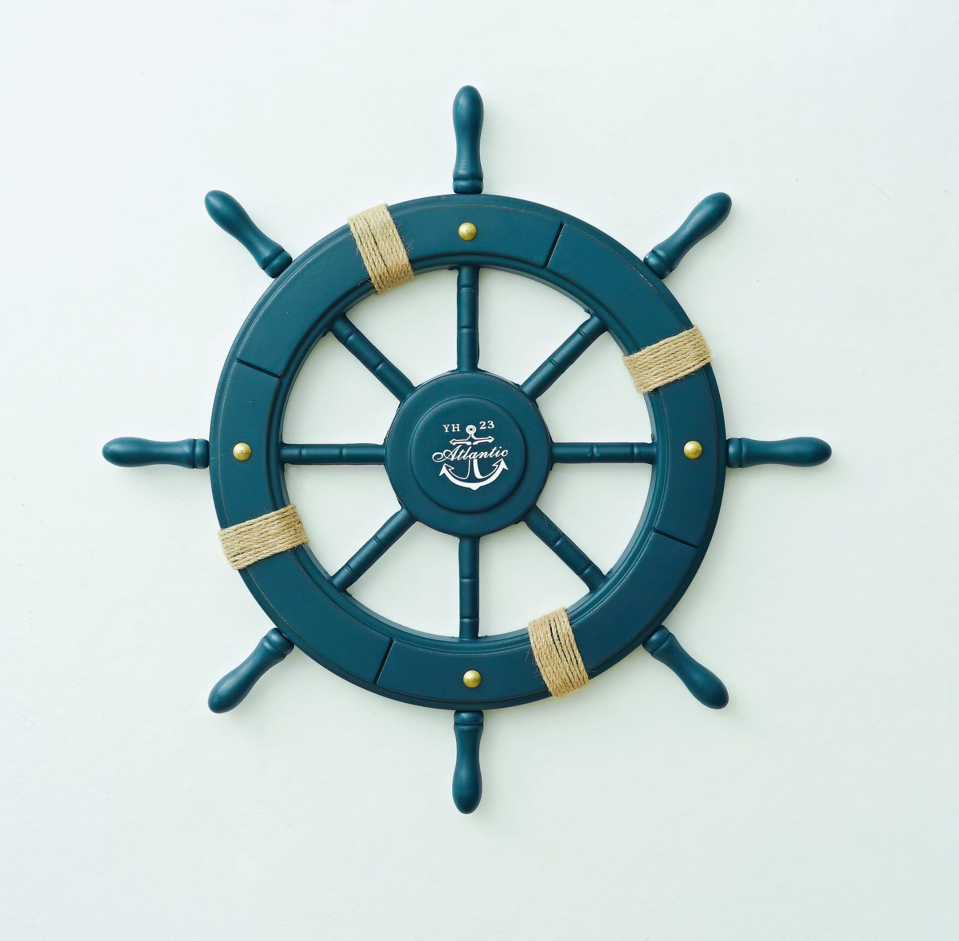 地中海风格领航舵蓝色锚舵套装62公分船舵木质工艺品家居装饰摆件
