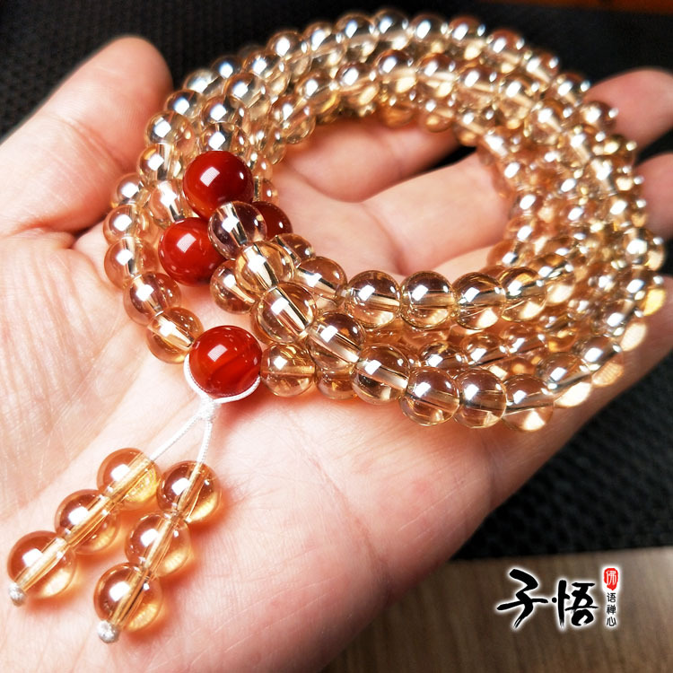 厂家直供香槟金水晶8mm108粒佛珠项链 香槟晶红玛瑙顶珠多圈手缠