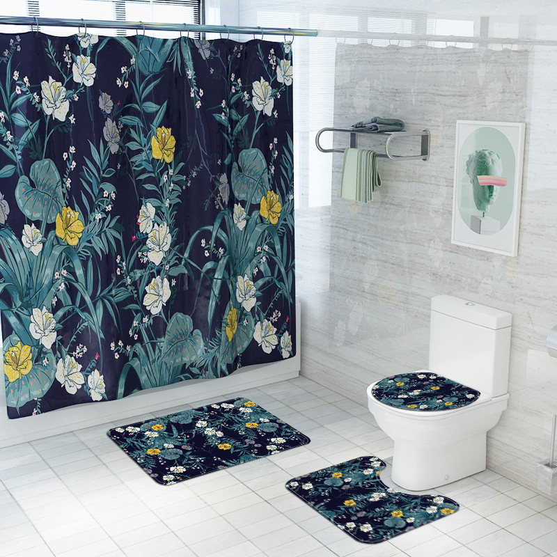 Cross-Border New Arrival Shower Curtain Hand-Painted Flower Printing Waterproof Shower Curtain Four-Piece Toilet Carpet Set for Bathroom