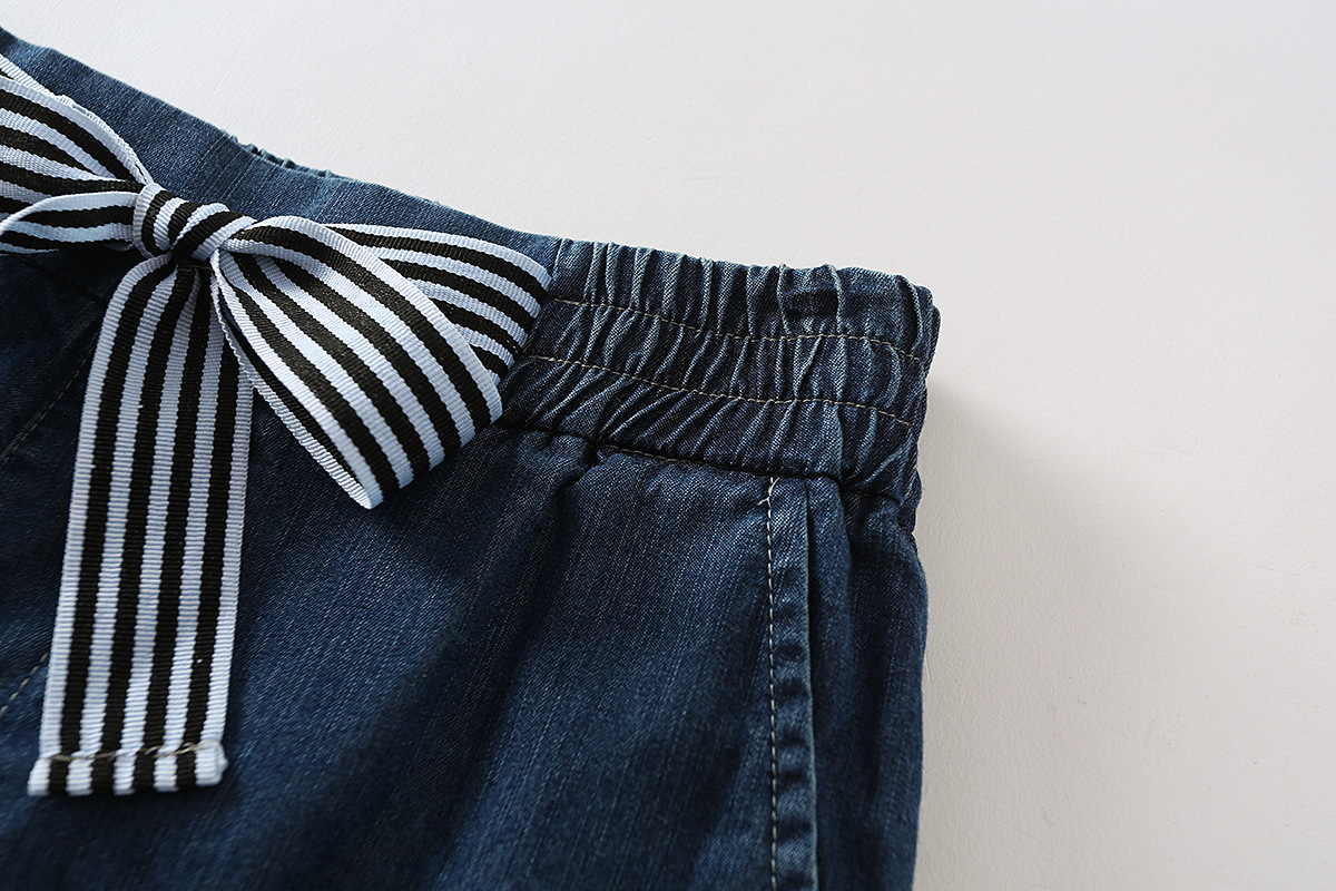 日系小清新百搭做旧抽绳系带蝴蝶结纯色牛仔阔腿短裤 女装批发