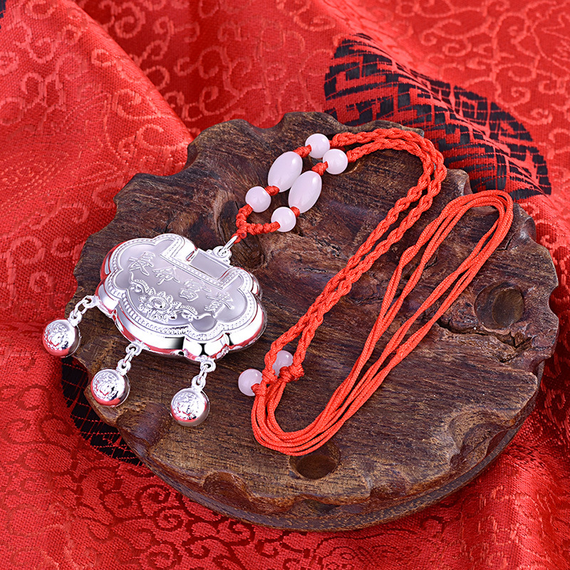 长命富贵福字铃铛s999儿童锁包中国结红绳加玉珠婴儿满月小吊坠