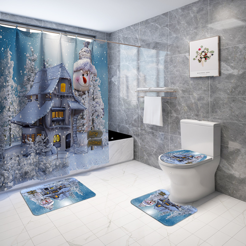 Cross-Border New Arrival Music Symbol Snowman Printing Waterproof Shower Curtain Household Carpet Four-Piece Set Flower and Grass Series to Figure DIY