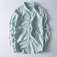 原创设计男式棉麻秋季衬衫休闲立领长袖衬衣仿麻修身纯色男士衬衫