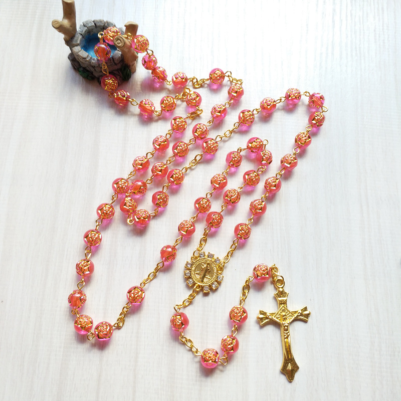 速卖通热销桃红玫瑰宗教念珠项链weddingrosary祈祷礼品男女项链