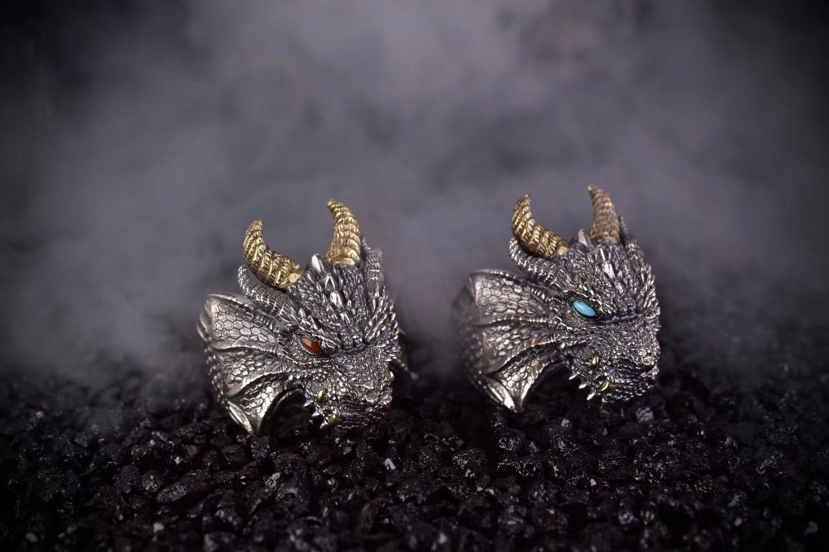 深渊魔龙戒指s925银镶嵌松石南红玛瑙复古国风男款食指戒批发