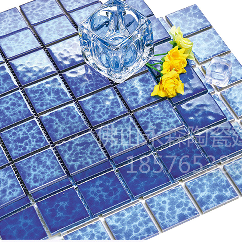 佛山厂家 48规格蓝色冰裂陶瓷马赛克小区游泳池酒店水池工程瓷砖