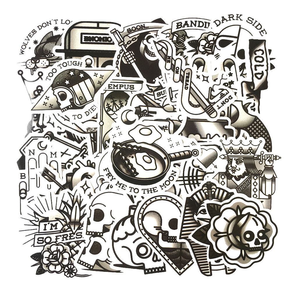 30张黑白守旧纹身套装 old school 个性外贸防水涂鸦贴纸 滑板贴