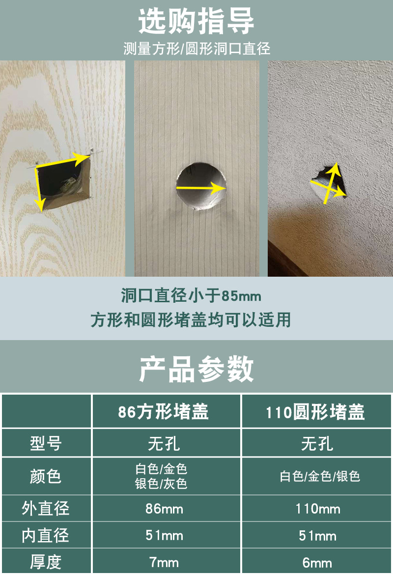 墙洞堵盖空调洞口装饰盖黏贴装饰盖86方形盖板线板穿管装饰圈