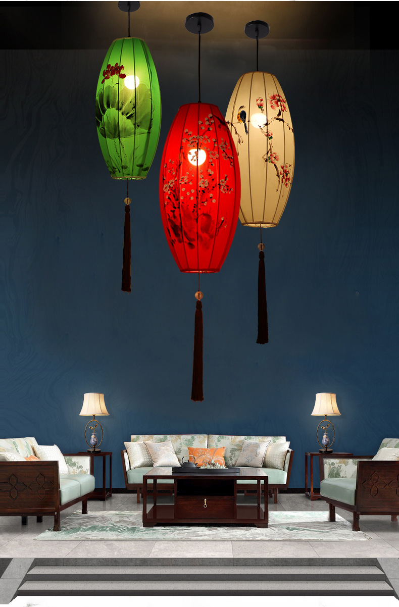 新中式布艺吊冬瓜灯笼古典宫灯茶楼过道创意火锅店橄榄灯笼吊灯