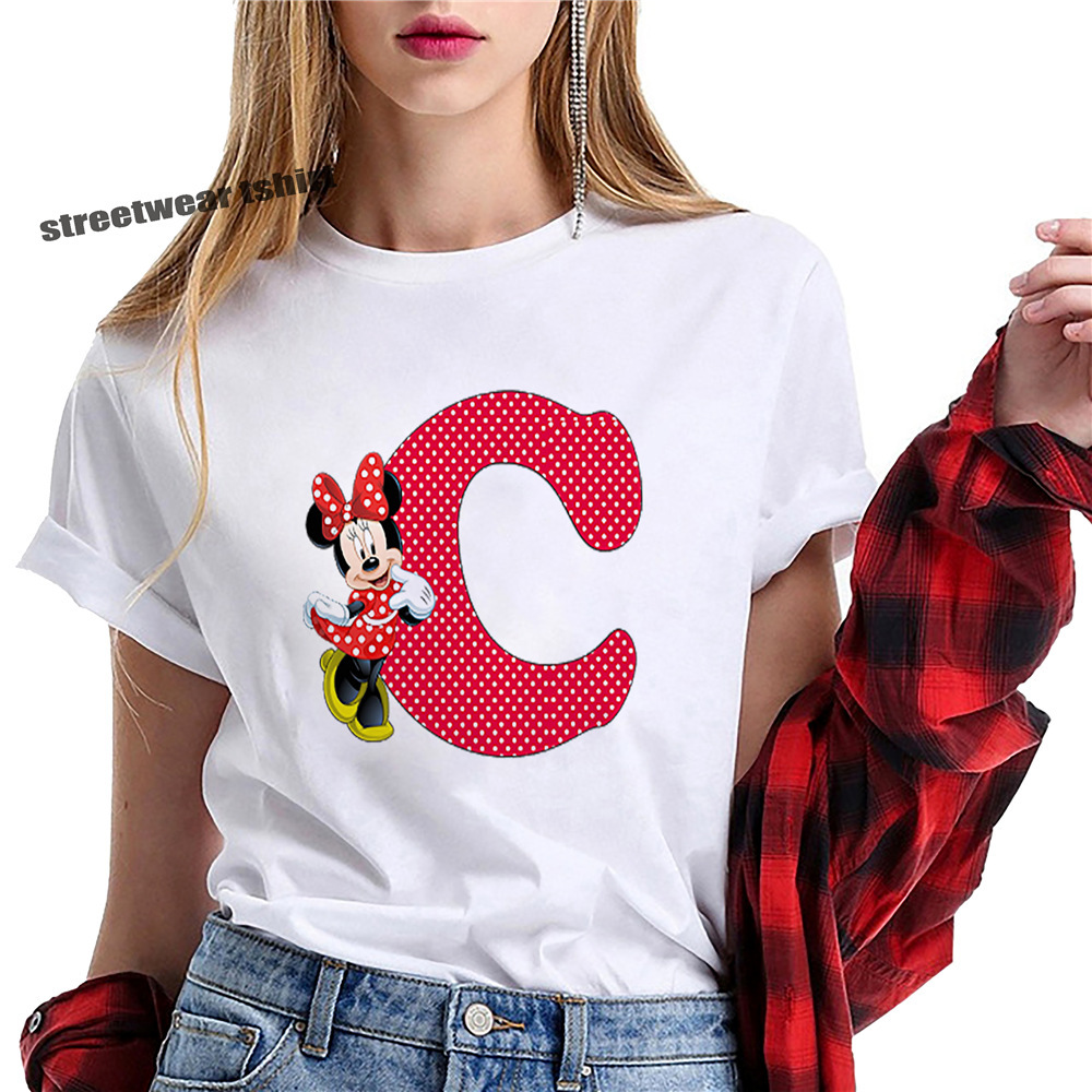 letter t shirt 26个英文字母米妮印花上衣圆领亲子短袖女士t恤