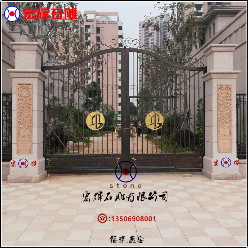 双面雕花红砂岩大门柱黄锈石大门柱设计安装