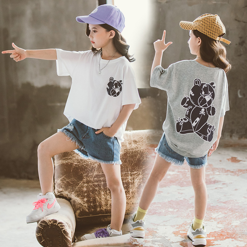 女童短袖韩版T恤2021夏季新款中大童时尚洋气印花棉上衣潮