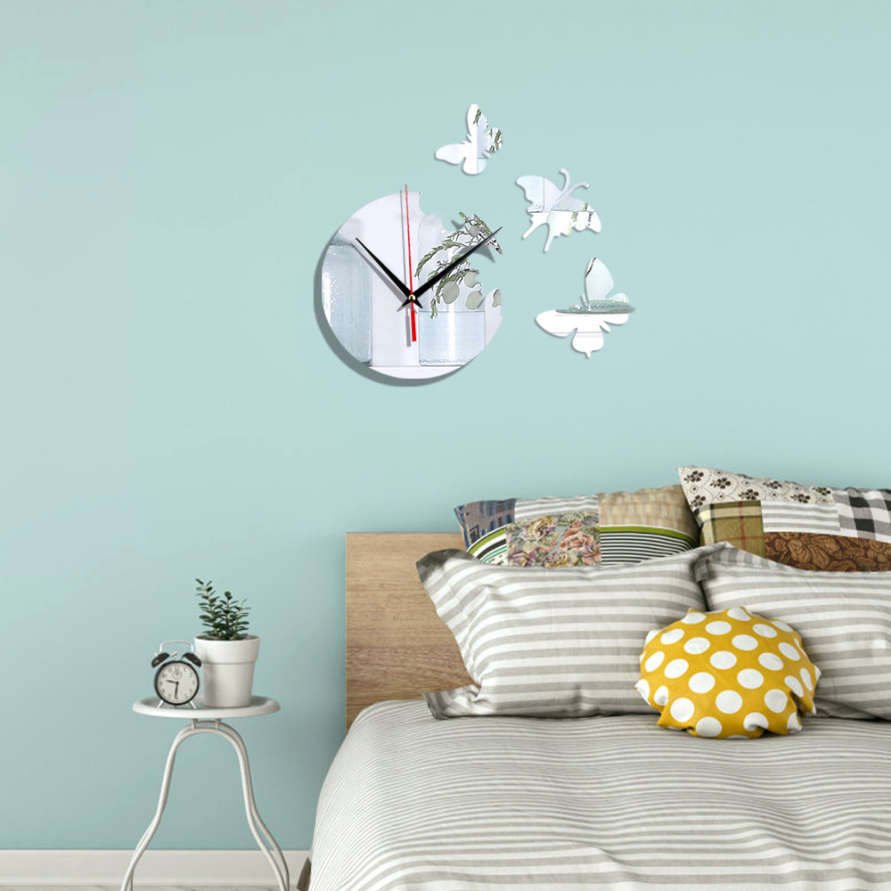 创意蝴蝶圆盘亚克力镜面时钟静音 个性艺术挂钟卧室镜面贴diy068