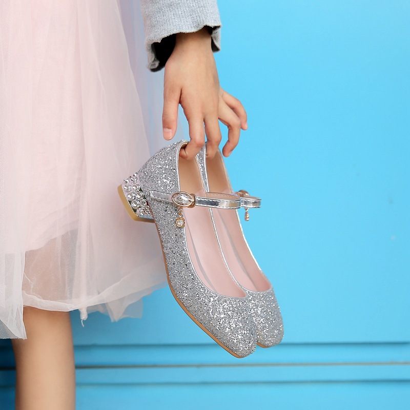 批发女童亮片低跟鞋水晶鞋公主鞋中大童演出鞋礼服鞋小女孩皮鞋