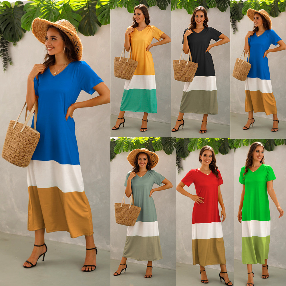 外贸女装亚马逊爆款ebay欧洲站wish跨境夏季拼接短袖欧美连衣裙