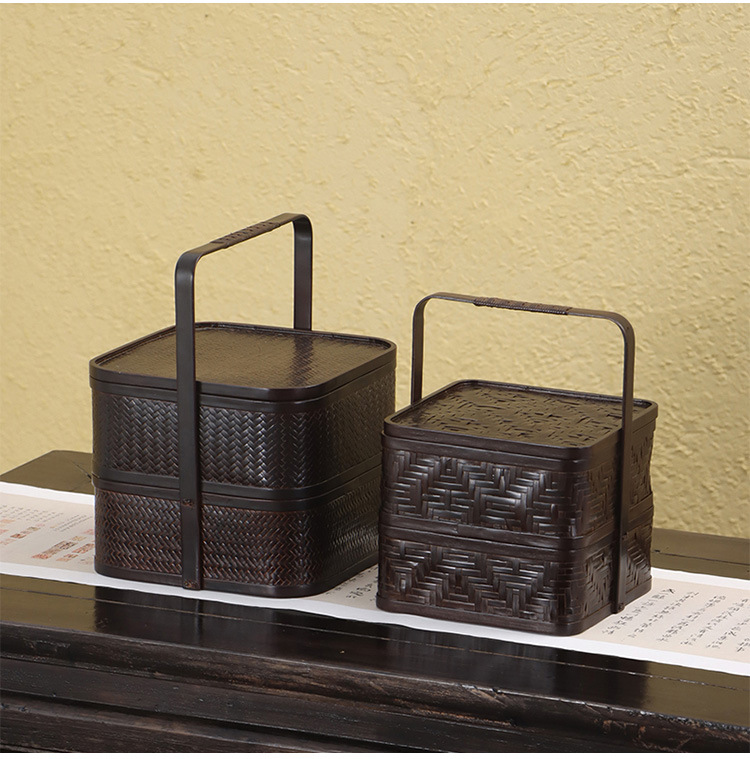 竹编提篮仿古中式手提食盒月饼礼盒包装 茶具茶杯收纳 茶点野餐篮