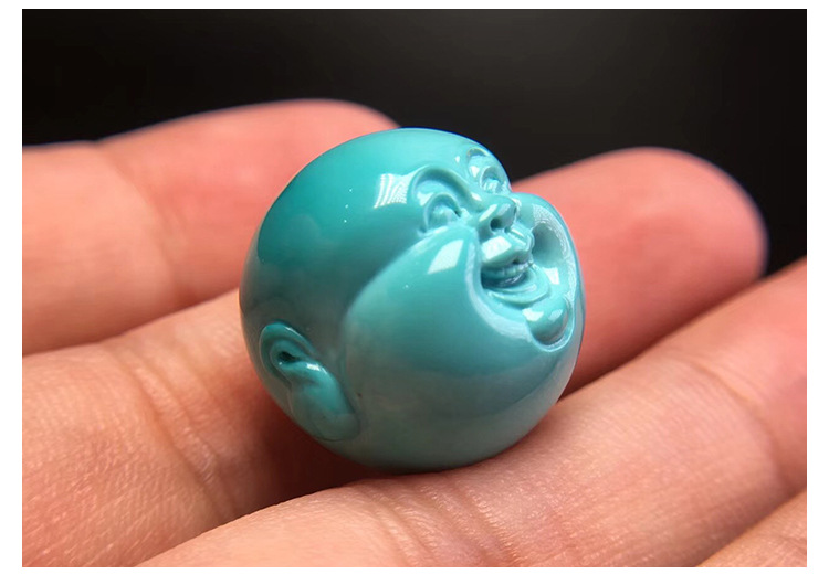 无优化天然原矿高瓷玉化绿松石弥勒佛头雕刻背云顶珠散珠圆珠配饰