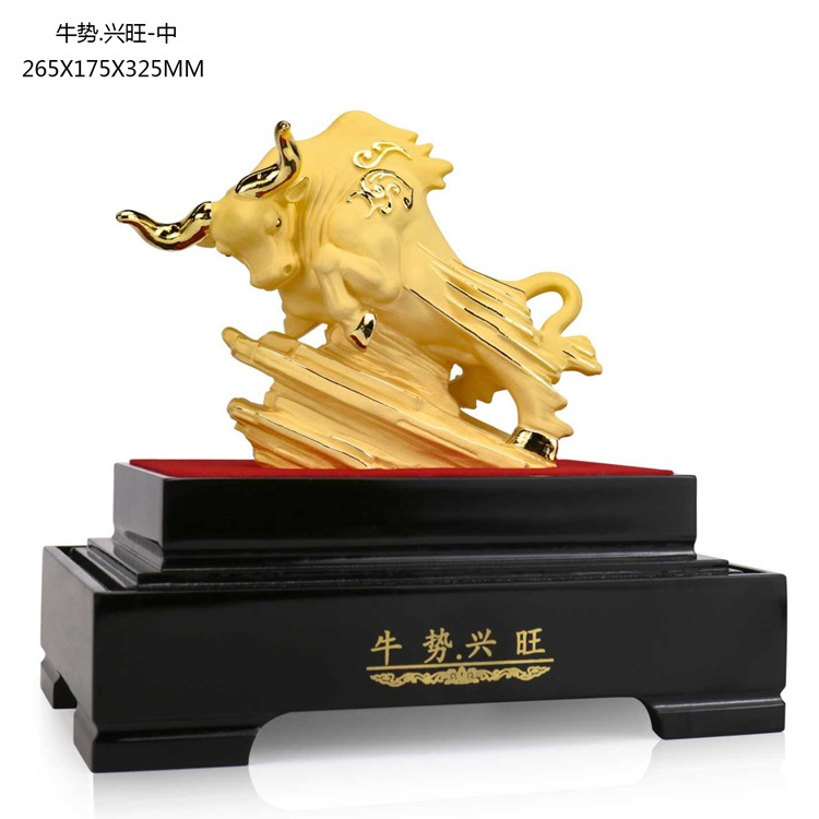 绒沙金工艺品中号牛气冲天会销礼品商务馈赠绒沙金牛摆件定制logo