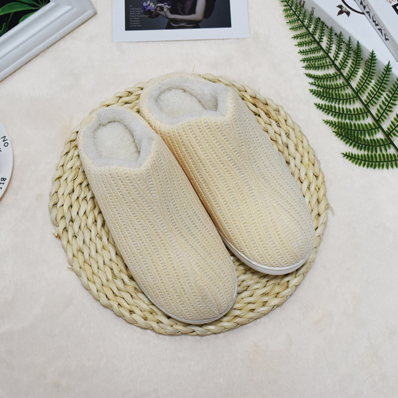 厂家供应秋冬新款针织鞋面拖鞋加绒厚底居家静音棉拖鞋男女