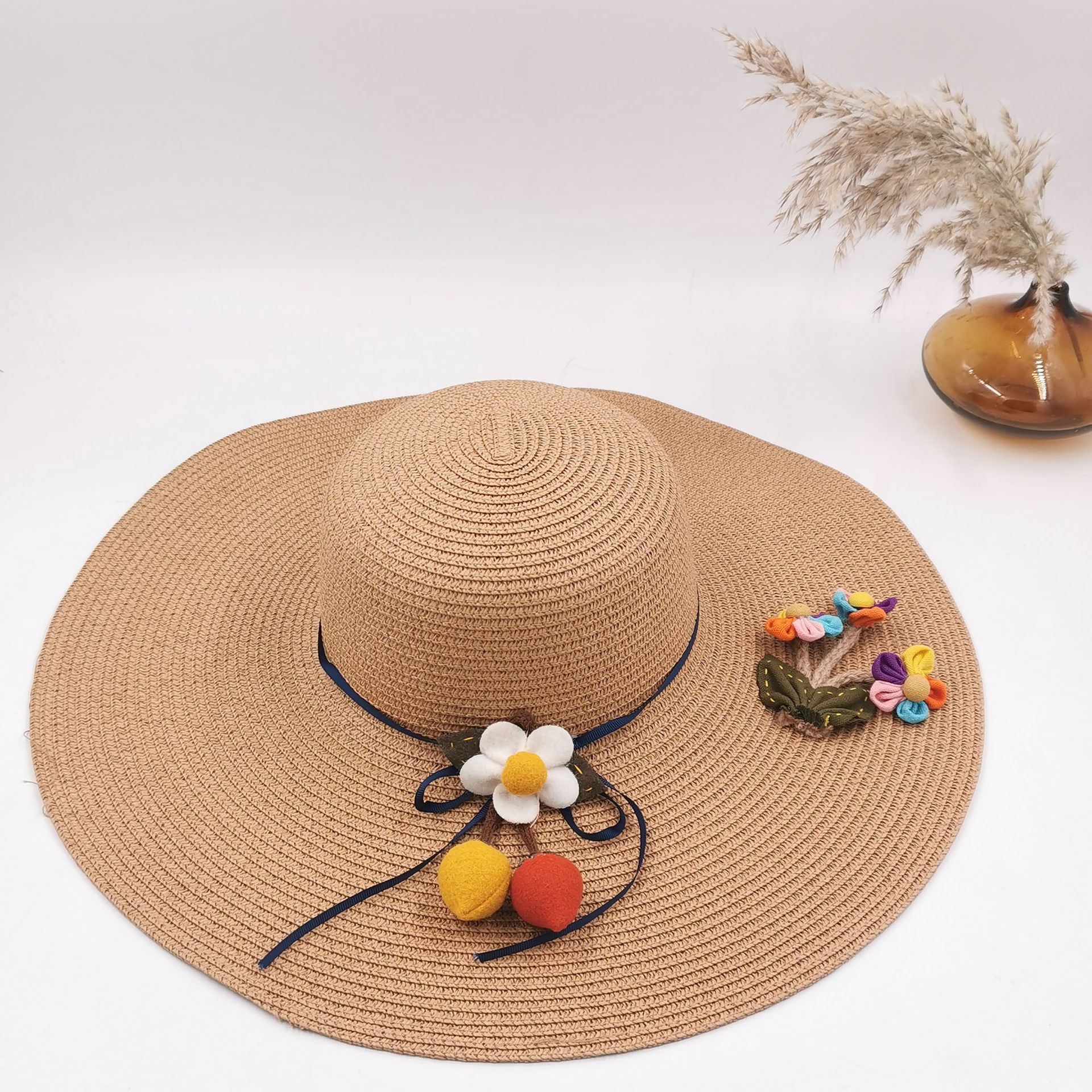 手工花装饰女士草帽韩版春夏海边沙滩户外防晒大沿帽折叠遮阳帽子