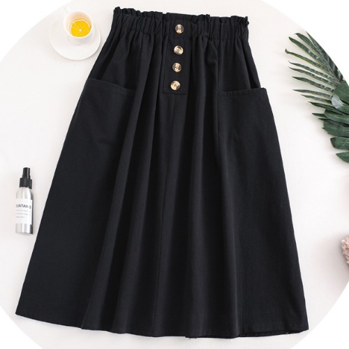 Spot Goods 2023 Summer High Waist Slimming Solid Color Pocket Skirt All-Matching Elastic Waistband Casual Mid-Length Skirt for Women