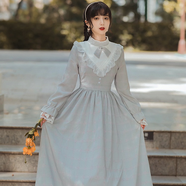 民国风 少女蕾丝小洋装 复古连衣长裙中长裙格纹文艺范裙子批发