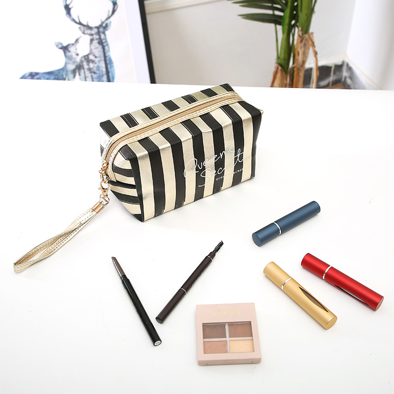 New Phnom Penh Striped Make-up Bag PU Leather Laser Octagonal Storage Bag Women's Handbag Travel Portable Toiletry Bag