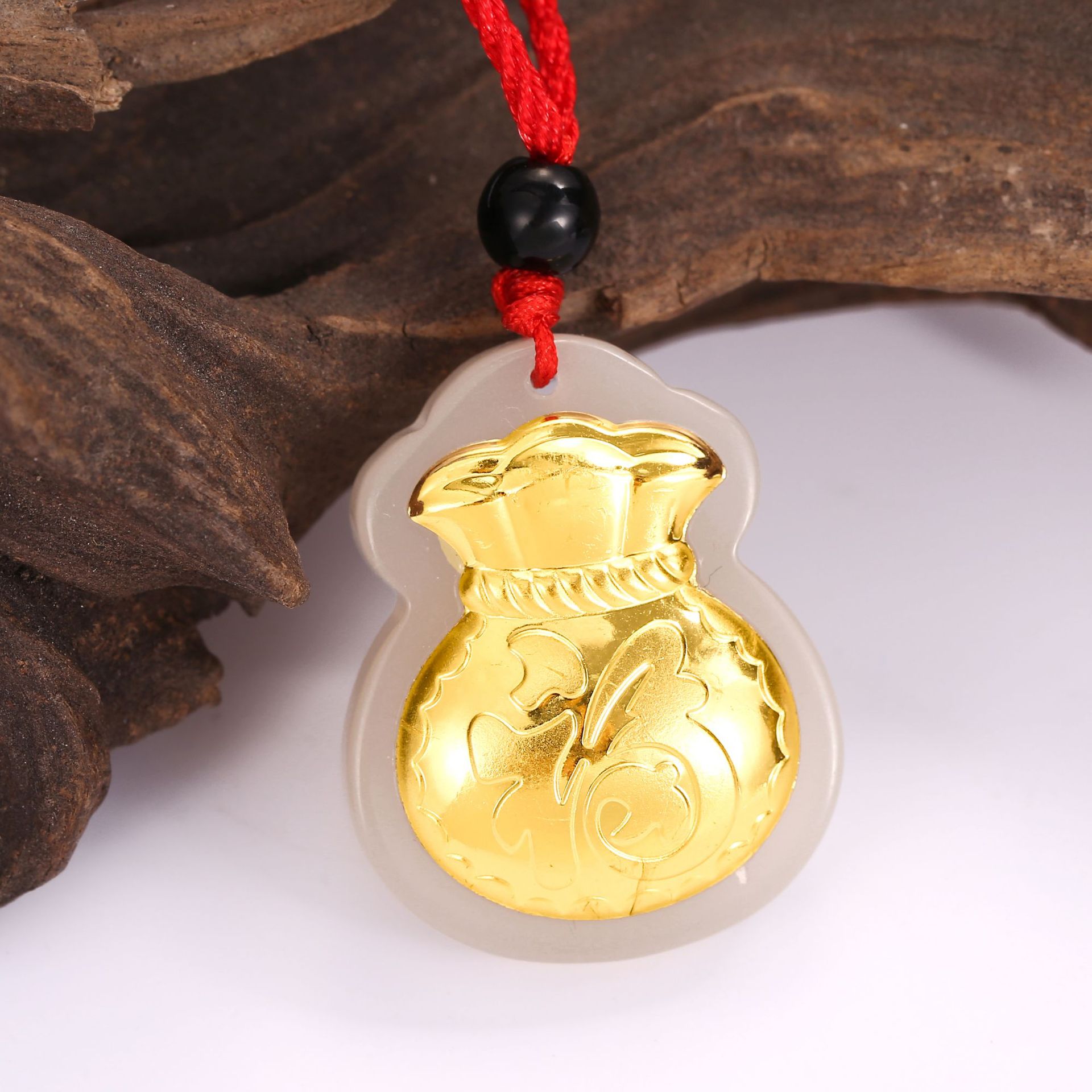 新款金镶玉福袋吊坠 男女款沙金镶和田玉四叶草项链简约百搭挂坠