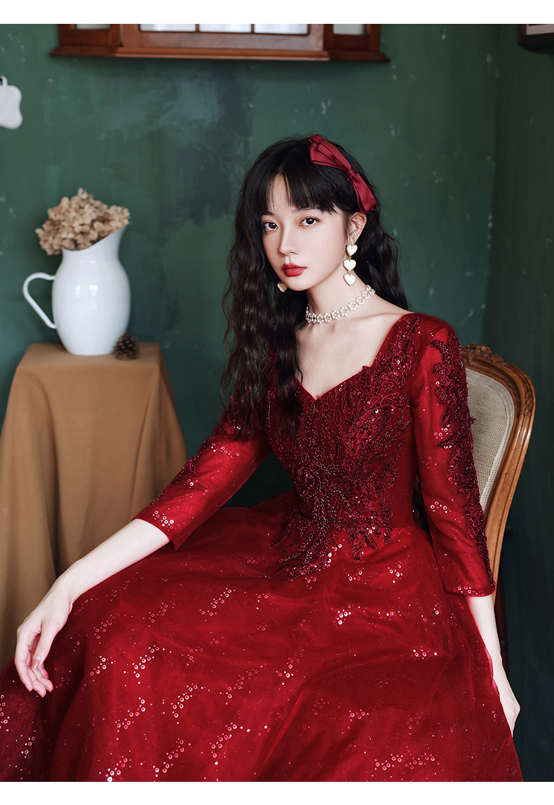 敬酒服新娘酒红色长款2020新款结婚订婚晚礼服女回门气质长袖显瘦