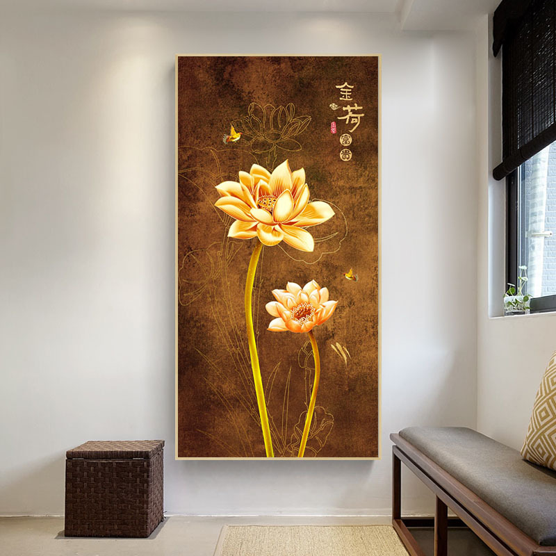 新中式玄关装饰画竖版入户门墙挂画过道走廊落地大气莲花喷绘画