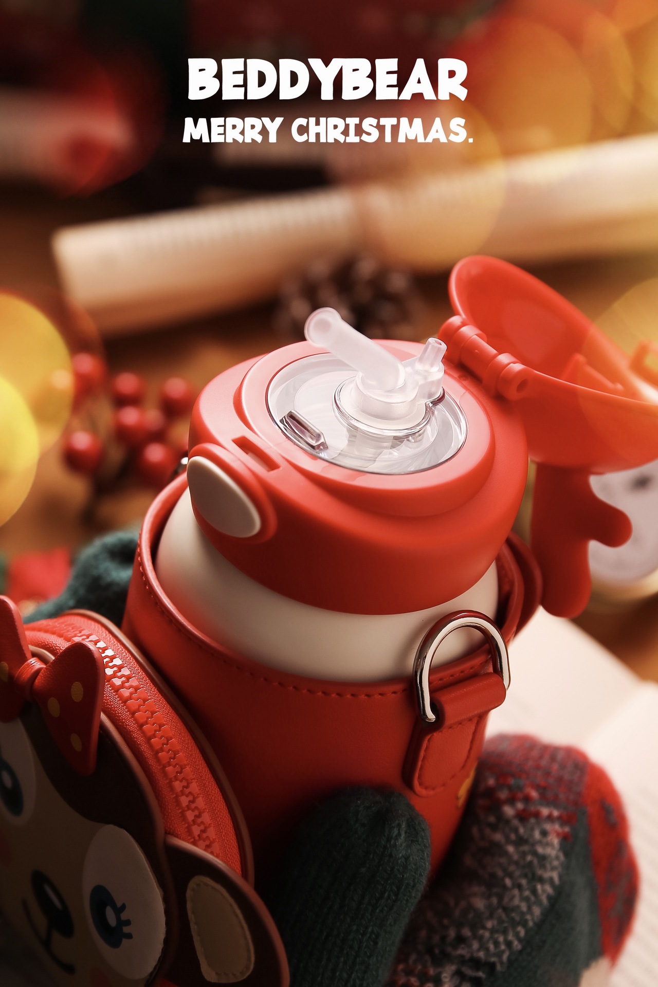 韩国杯具熊圣诞杯儿童保温杯20年圣诞节新款鹿角杯吸管两用水杯壶