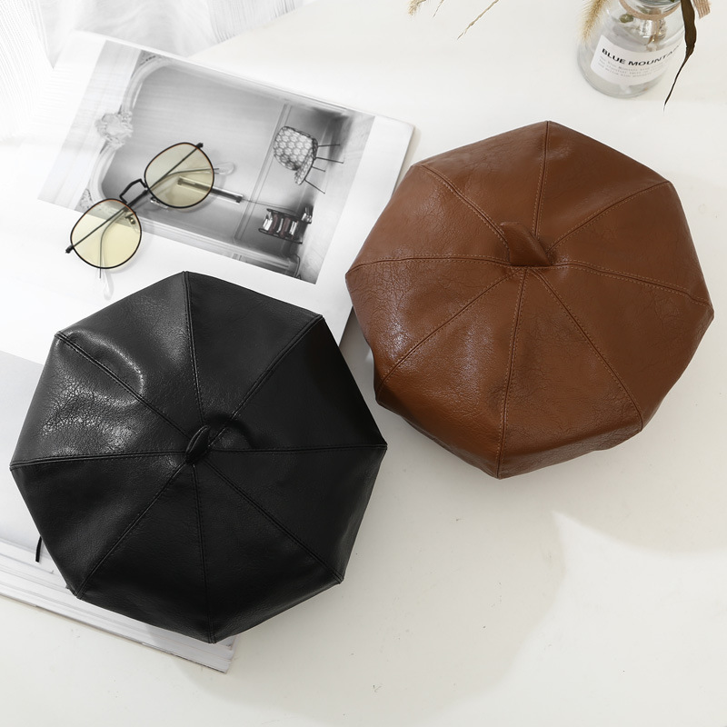 internet celebrity style pu leather hat pumpkin hat female autumn and winter japanese korean style octagonal hat british retro painter beret fashion